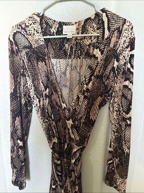 Donna Morgan Black Brown and Cream Snake Print Midi Wrap Dress